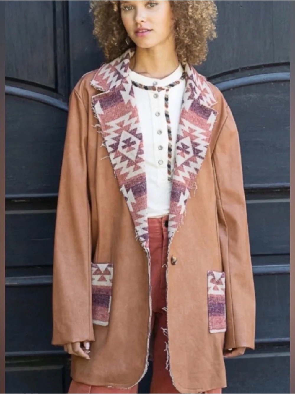 POL S Faux Leather Aztec Trimmed Oversized Blazer Jacket with Outside Pockets